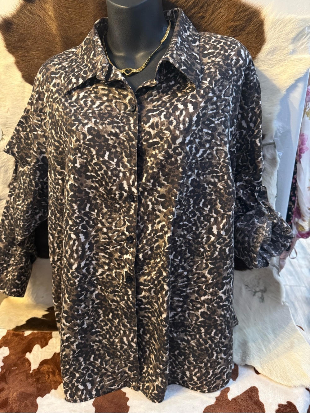 Westbound Black White Animal Print Button-Down Blouse